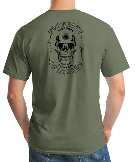 Man in Military Green T-Shirt with print on back with skull and property of nobody