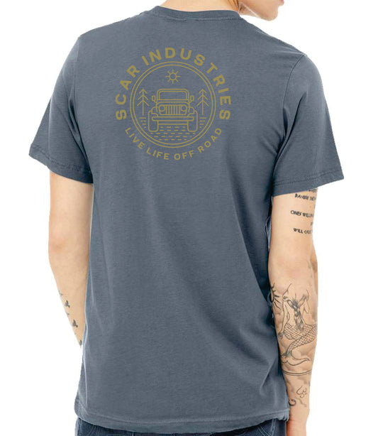 Man in Steel Blue T-Shirt with print on back with Jeep Live Life Off Road